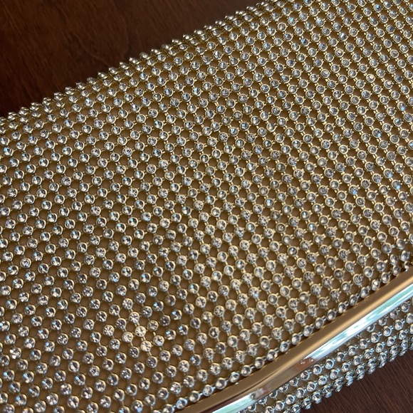 Sparkly Gold Rhinestone Rectangular Evening Clutch Bag w/ Crossbody Chain Strap - Picture 2 of 4